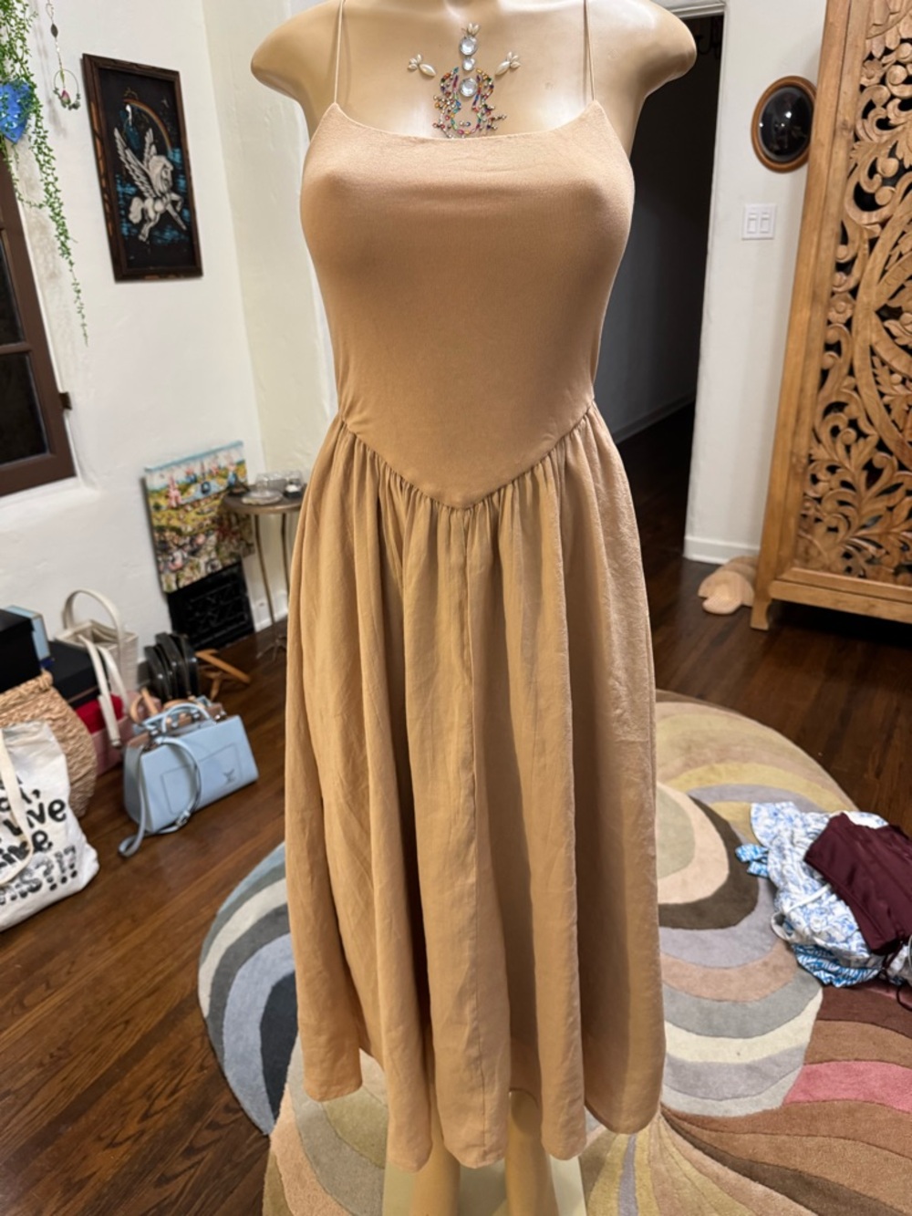 Commense Camel Spaghetti-Strap Midi Dress NWT size M